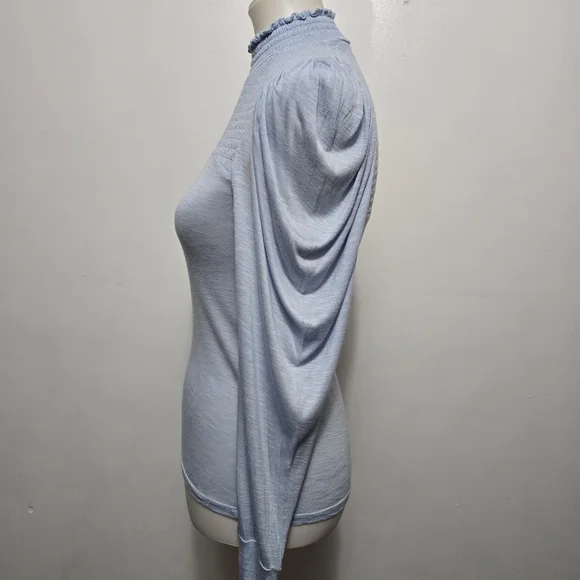 7 For All Mankind Light Blue Smocked Puff Sleeve Mockneck Top XS - Picture 3 of 8